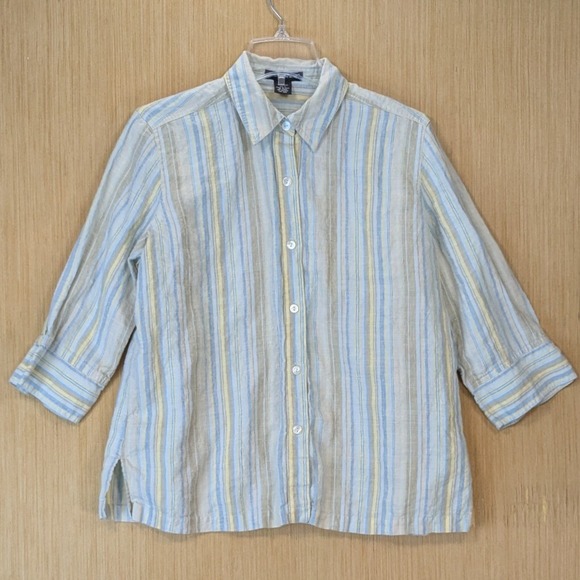 Saint Tropez West Tops - Saint Tropez West Womens 100% Linen Minimalist Striped Shirt Size L Blue Yellow